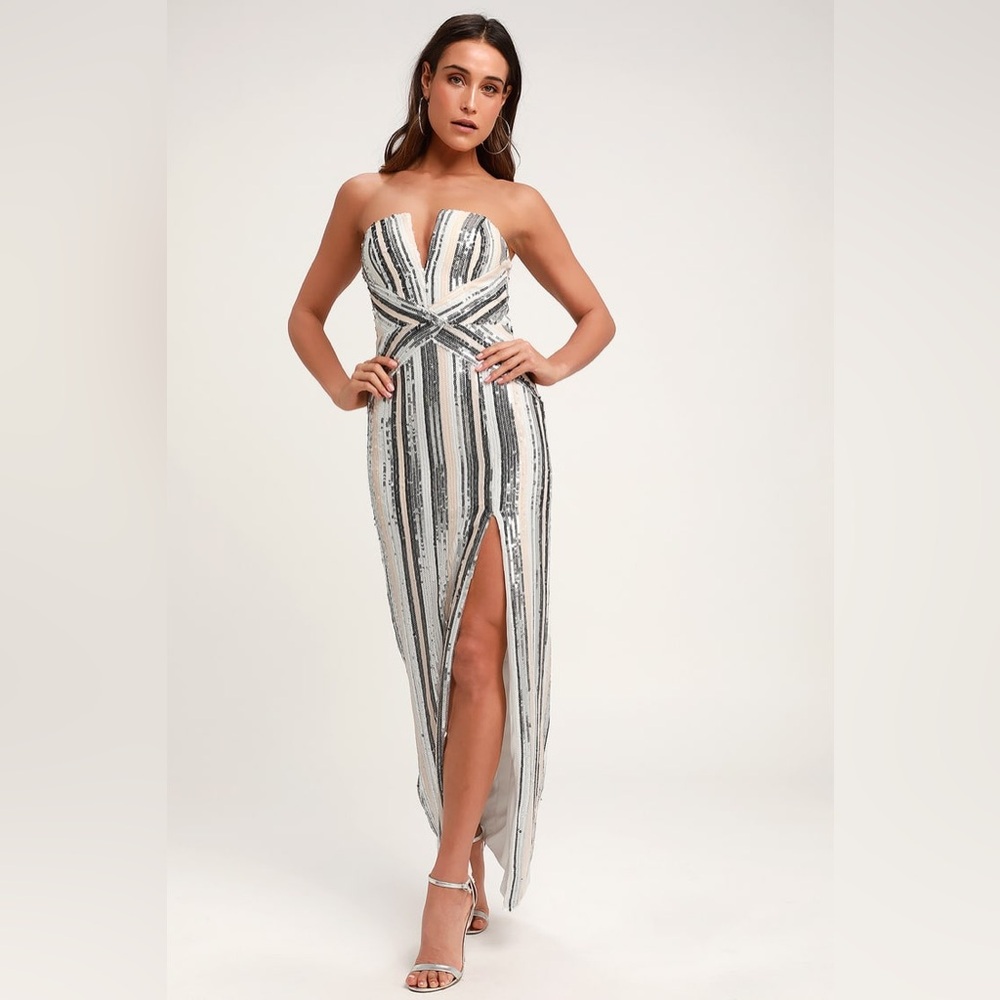 Lulu’s Glenda Silver Multi-Striped Strapless Sequin Maxi Dress Size Large